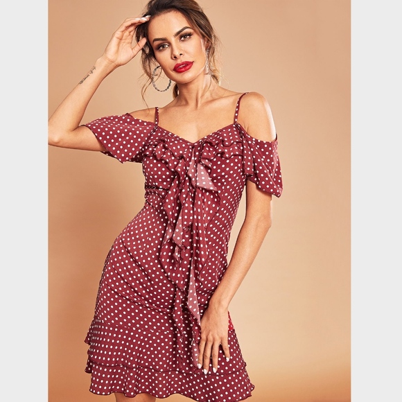 Rouge! Dresses & Skirts - Cold Shoulder Polka Dot Burgundy Ruffle Mini Dress